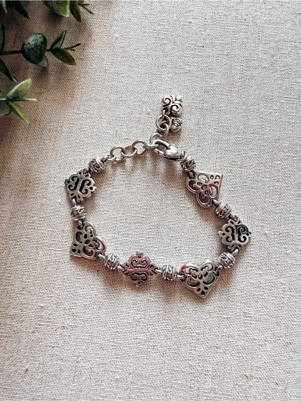 Brighton Silver Filigree Heart Link Bracelet Scroll Adjustable